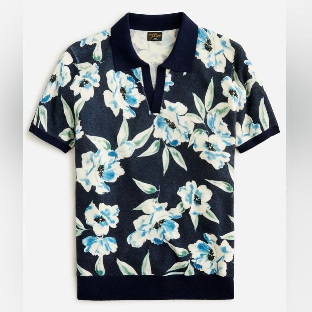 ❤️Lightweight Cashmere Floral Polo Shirt/Sweater - Navy and Blue | L